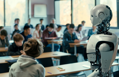 Ein Roboter steht vor einer Schulklasse und unterricht